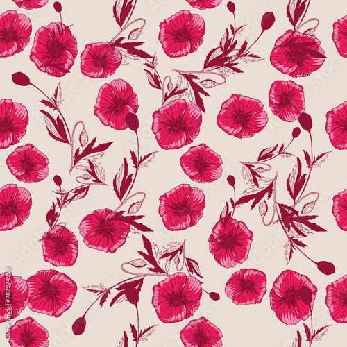 Flourish poppies pattern in line art style. Poppy flower line art. Botanical seamless vector texture. Colorful background blossoming bloomy vector. Wildflowers handcrafted artsy poppy surface design