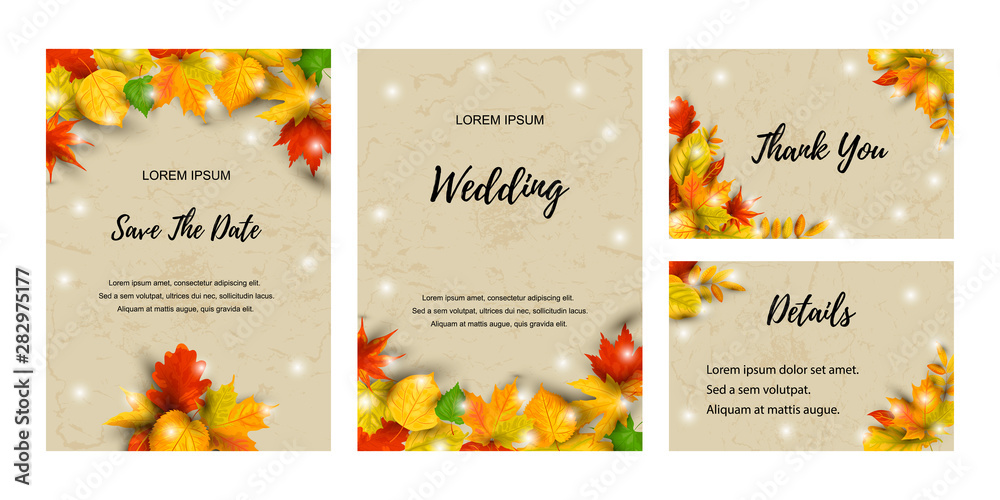 Fototapeta Wedding invites set with falling leaves. Autumn background vector illustration. Place for text. Great for party invitation, seasonal autumn sale, wedding, web, fall festival, Happy Thanksgiving.