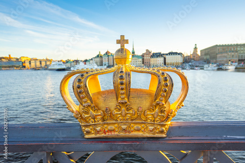 Canvas Print Golden Crown on the Skeppsholmen Bridge in Stockholm, Sweden