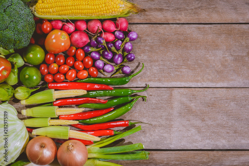 Backgroud of fresh food tasty and healthy varis vegetables are on the wooden table