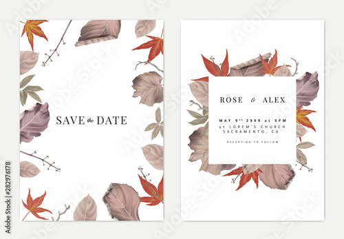 Botanical wedding invitation card template design, colorful dried leaves and branches on white