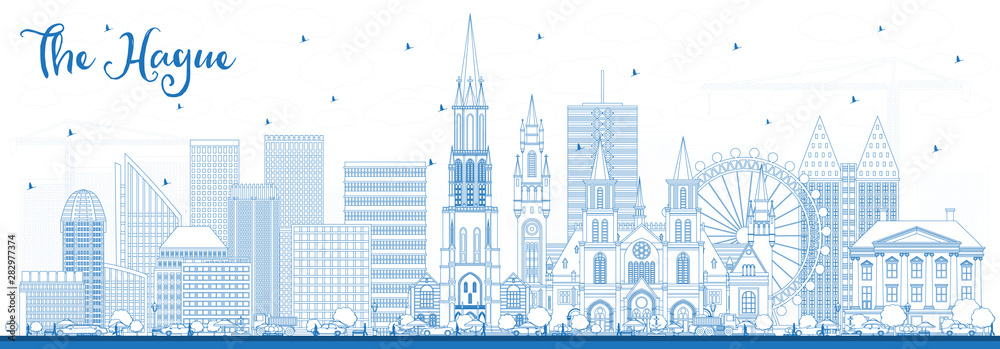 Outline The Hague Netherlands City Skyline with Blue Buildings.