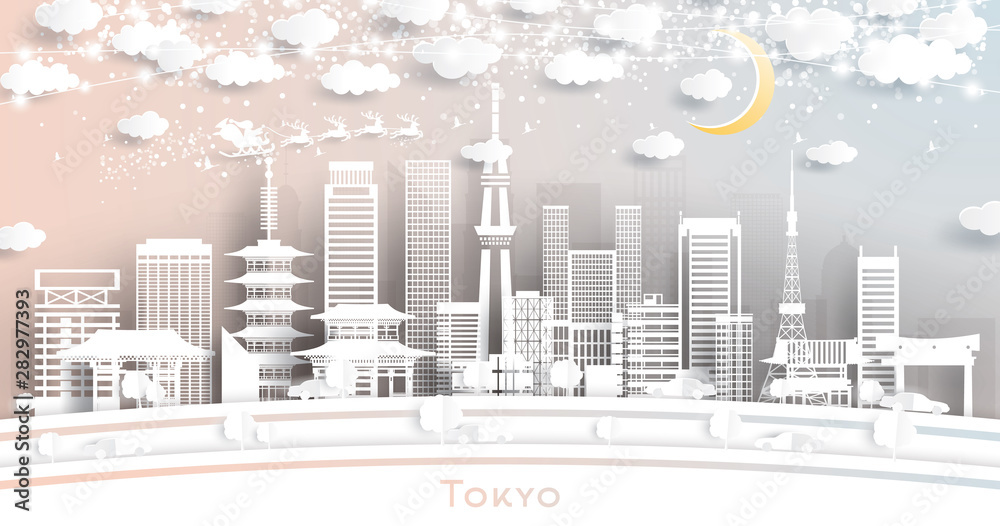 Tokyo Japan City Skyline in Paper Cut Style with Snowflakes, Moon and Neon Garland.