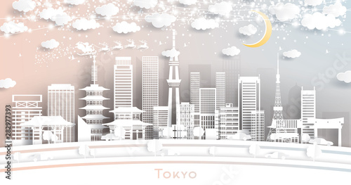 Tokyo Japan City Skyline in Paper Cut Style with Snowflakes, Moon and Neon Garland.