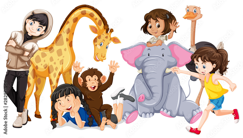 Children with animals on isolated background Children with animals on isolated background