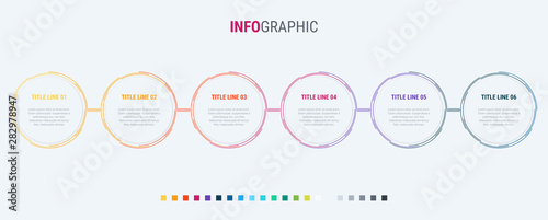Colorful diagram, infographic template. Timeline with 6 options. Rounded workflow process for business. Vector design.