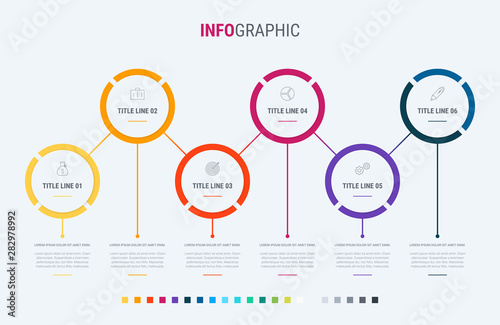 Infographic template. 6 options circle design with beautiful colors. Vector timeline elements for presentations.
