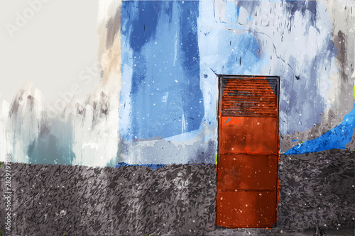 Abstract painting of door in blue and red, digital watercolor painting © pomiti