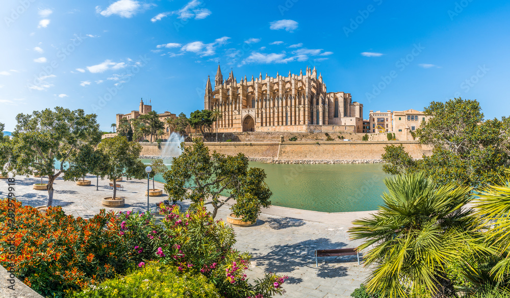 Landscape with Cathedral La Seu in Palma de Mallorca islands, Spain - obrazy, fototapety, plakaty 