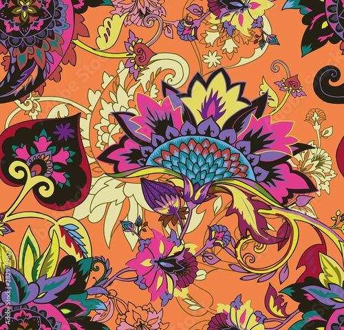 Paisley. Seamless Textile floral pattern with oriental paisley ornament.