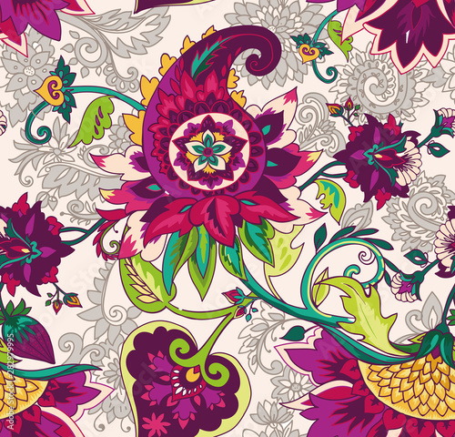 Paisley. Seamless Textile floral pattern with oriental paisley ornament.