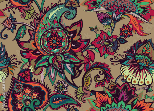 Paisley. Seamless Textile floral pattern with oriental paisley ornament.