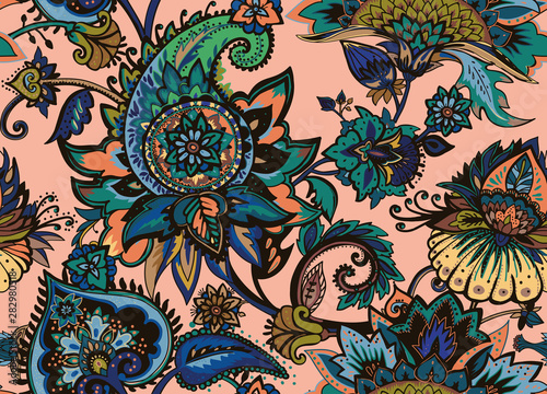 Paisley. Seamless Textile floral pattern with oriental paisley ornament.