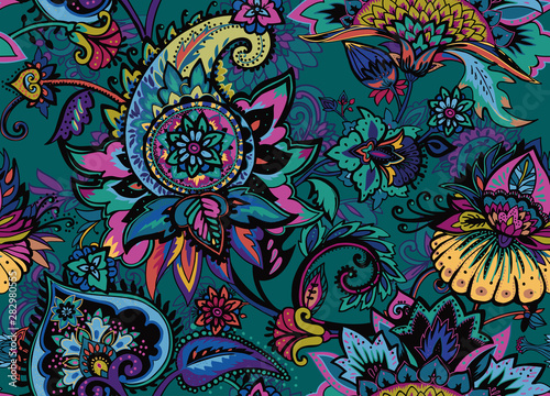 Paisley. Seamless Textile floral pattern with oriental paisley ornament.
