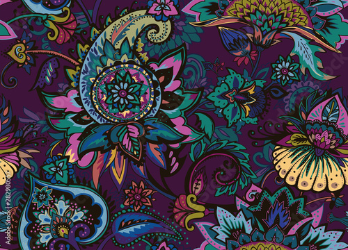 Paisley. Seamless Textile floral pattern with oriental paisley ornament.