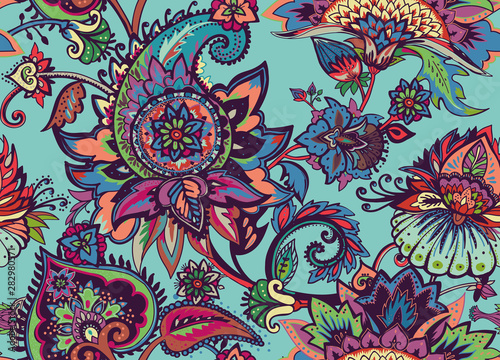 Paisley. Seamless Textile floral pattern with oriental paisley ornament.