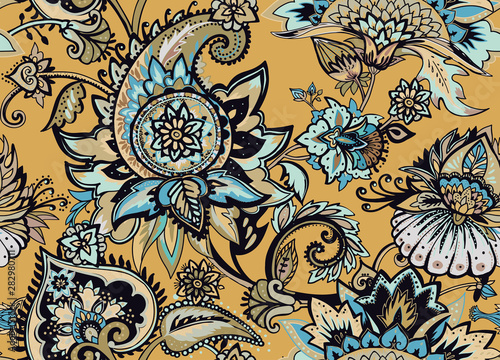 Paisley. Seamless Textile floral pattern with oriental paisley ornament.