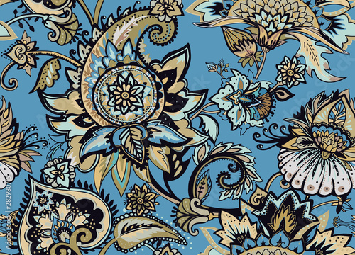 Paisley. Seamless Textile floral pattern with oriental paisley ornament.