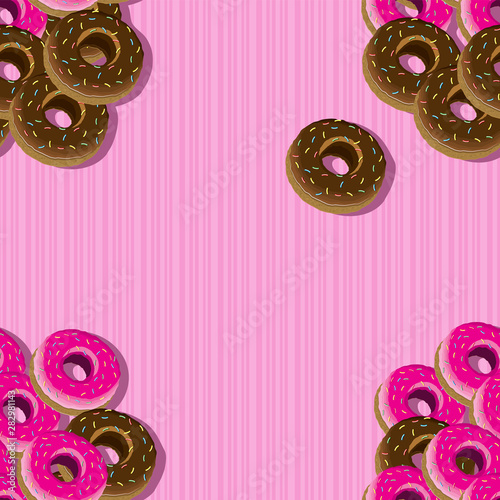 Seamless pattern of glazed donuts on a pink striped background. Vector illustration.
