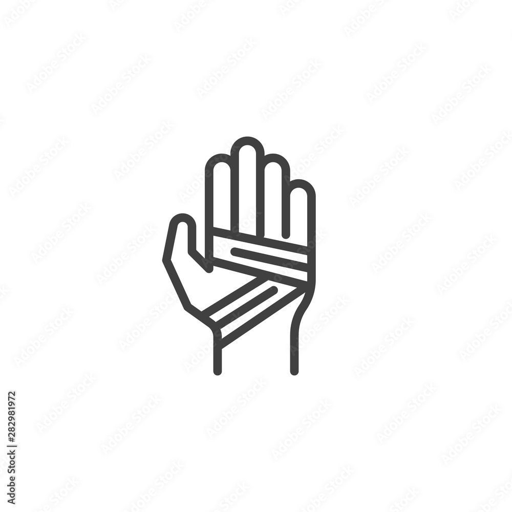 Obraz premium Bandaged hand line icon. linear style sign for mobile concept and web design. Hand tied bandage outline vector icon. Symbol, logo illustration. Vector graphics