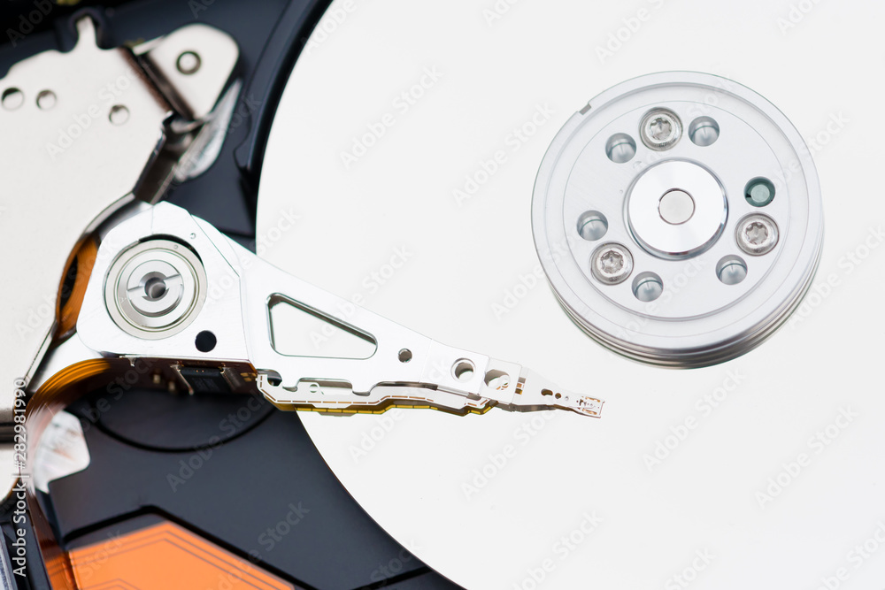 close up view inside an open hard disk drive close up view inside an open hard disk drive