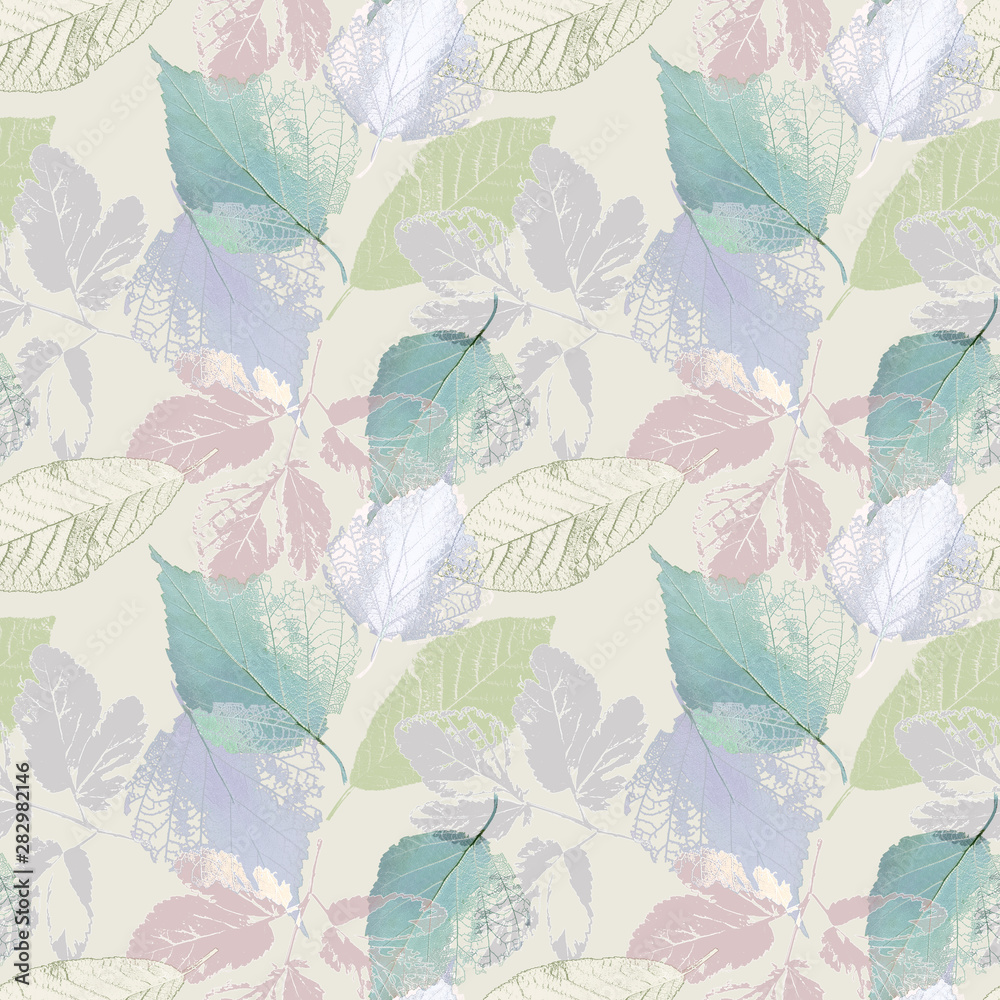 Seamless Botanical pattern with leaves in pastel colors.