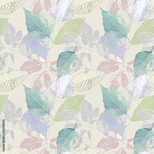 Seamless Botanical pattern with leaves in pastel colors.
