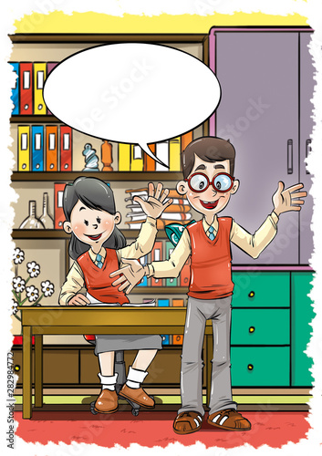 boy and girl speech bubble with school uniform