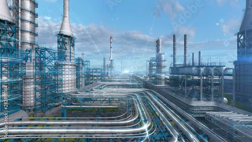 Oil and gas refinery plant factory with chemical formula design, industry petroleum zone, pipe steel and oil storage tank at blue day sky. Abstract camera move, aerial drone fly. 3D generated image.