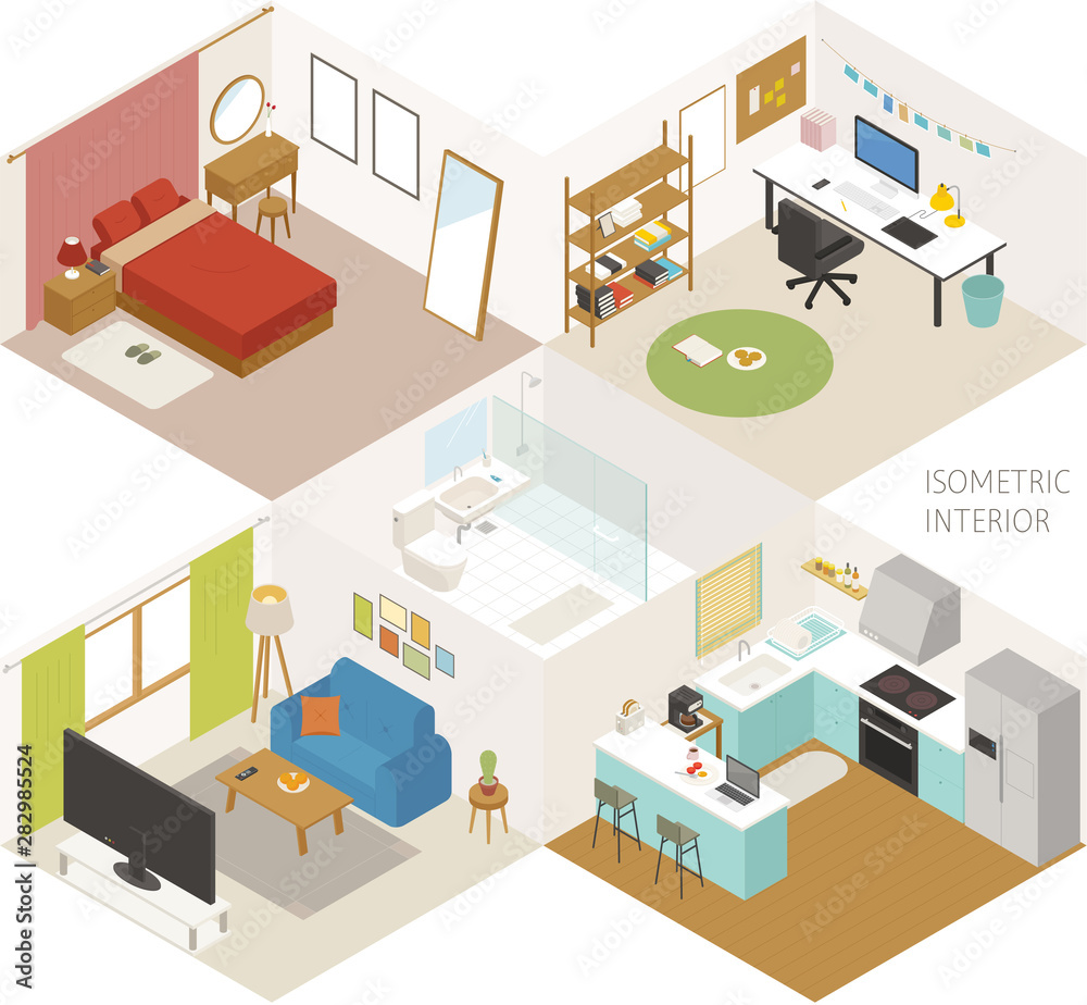 Room. Set of isometric furniture in various styles. flat design style minimal vector illustration.