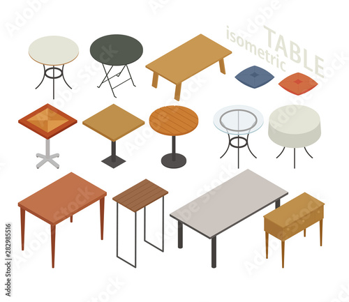 Set of isometric furniture in various table styles. flat design style minimal vector illustration.