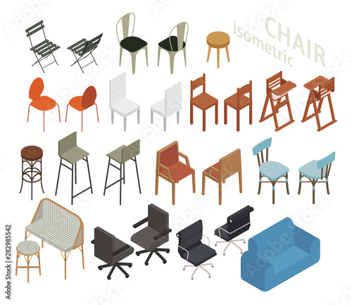 Set of isometric furniture in various chair styles. flat design style minimal vector illustration.