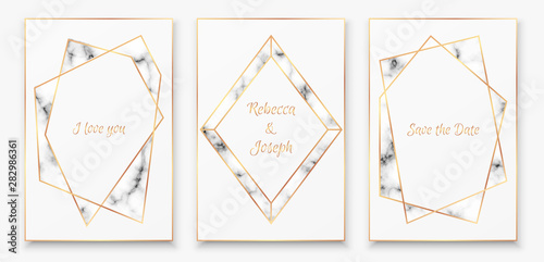 Posters collection with gold polygonal crystal frames with trendy marble texture.