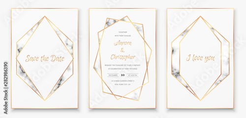 Posters collection with gold polygonal crystal frames with trendy marble texture.