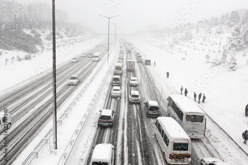 Traffic On Highway During Snow Storm