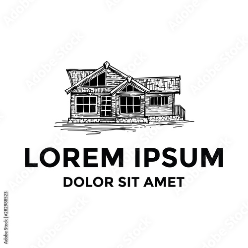 Artistic old wood cabin logo design template