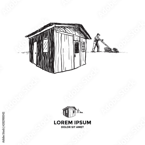 Shed and an old man mow the lawn
