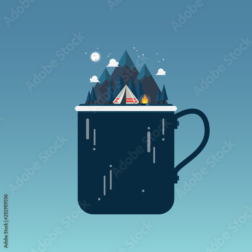 Camping tent with landscape at night in metal mug