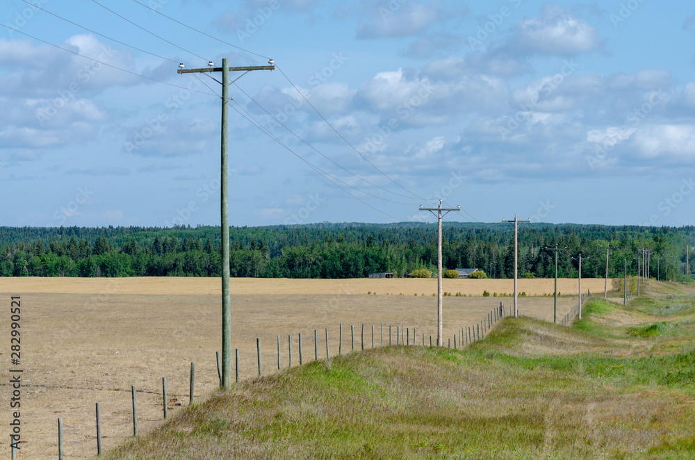 Power lines in the countryside in rural Manitoba