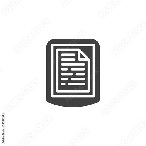 e book reading vector icon. Digital tablet with file page filled flat sign for mobile concept and web design. ebook device glyph icon. Symbol, logo illustration. Vector graphics