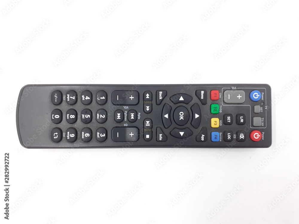 Black Plastic Luxury Modern Wireless Infrared Technology Remote Control of Television Movie Video with Rubber Material Colorful Buttons in White Isolated Background Black Plastic Luxury Modern Wireless Infrared Technology Remote Control of Television Movie Video with Rubber Material Colorful Buttons in White Isolated Background