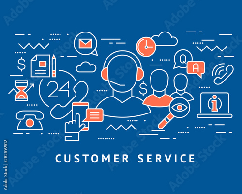 customer service, call centre line flat art vector