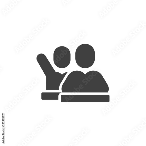 Pupils raising hands to answer vector icon. filled flat sign for mobile concept and web design. Pupils at the desk glyph icon. Symbol, logo illustration. Vector graphics