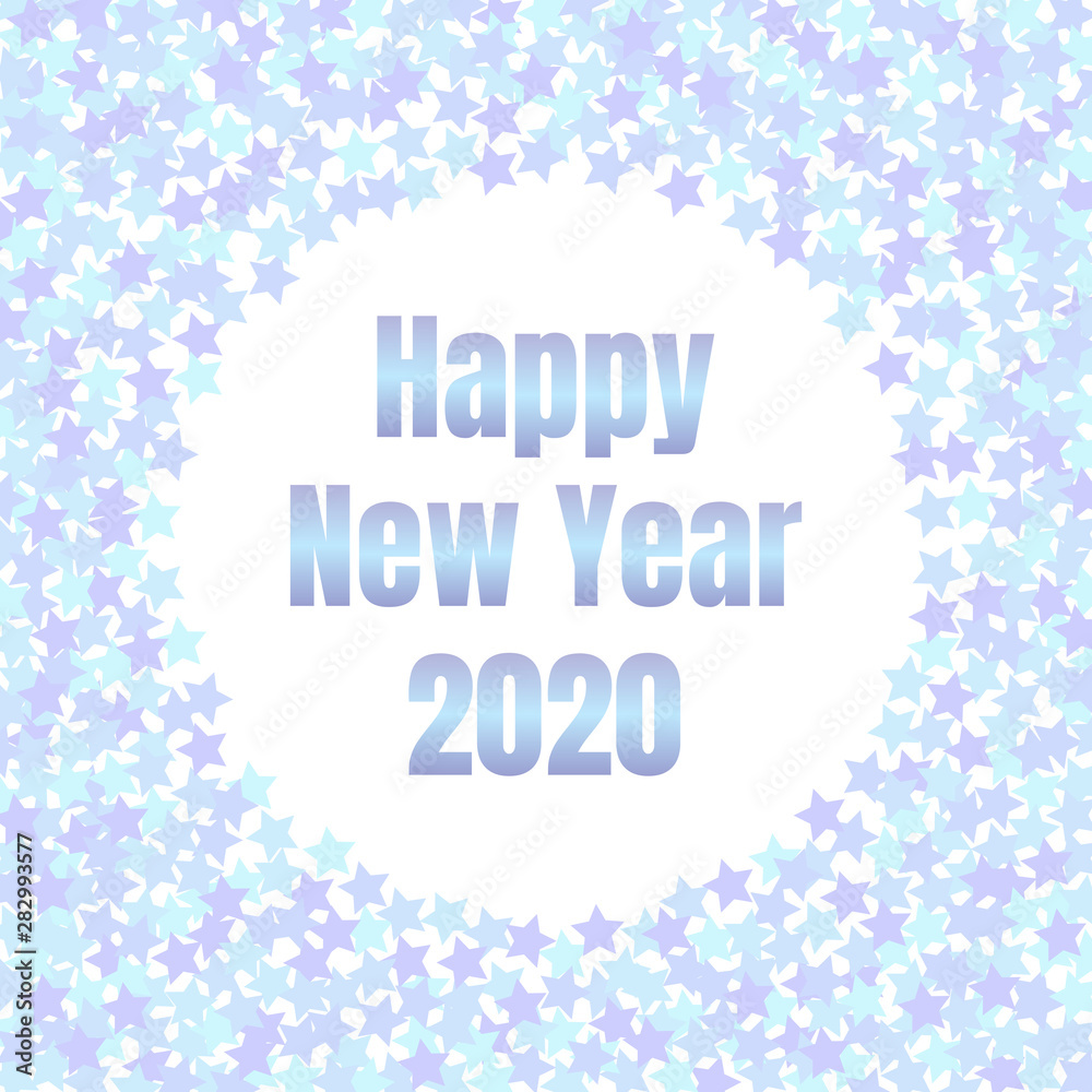Happy New Year 2020 poster with blue stars confetti. 