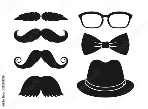 Hipster fashion set. Moustache, glasses, bowtie and hat.