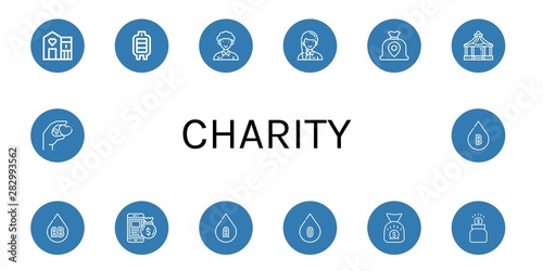 Set of charity icons such as Shelter, Blood transfusion, Community, Volunteer, Money bag, Blood type, Donation, Give , charity