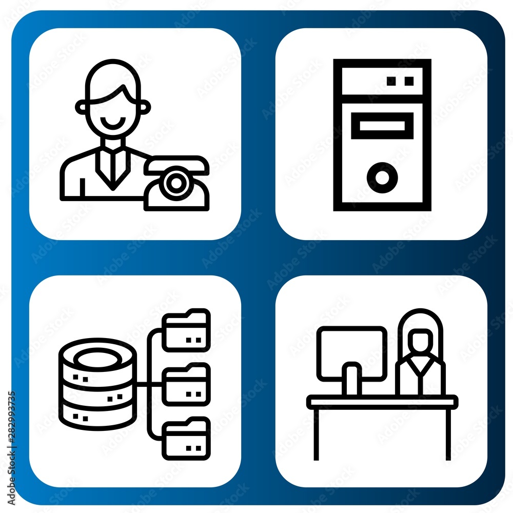 Set of workstation icons such as Reception, Computer tower, Hosting , workstation Set of workstation icons such as Reception, Computer tower, Hosting , workstation