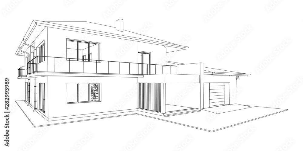 Vector wireframe perspective of luxury modern house exterior. 3D vector model of cottage isolated on white background.