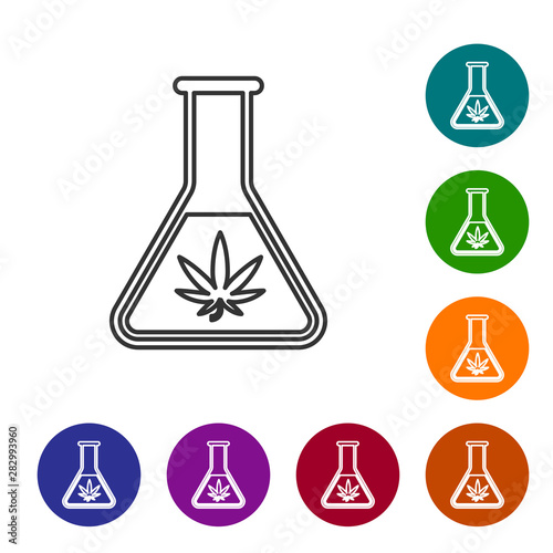 Grey line Chemical test tube with marijuana or cannabis leaf icon isolated on white background. Research concept. Laboratory CBD oil concept. Set icons in color circle buttons. Vector Illustration