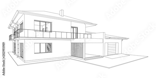 Vector wireframe perspective of luxury modern house exterior. 3D vector model of cottage isolated on white background.
